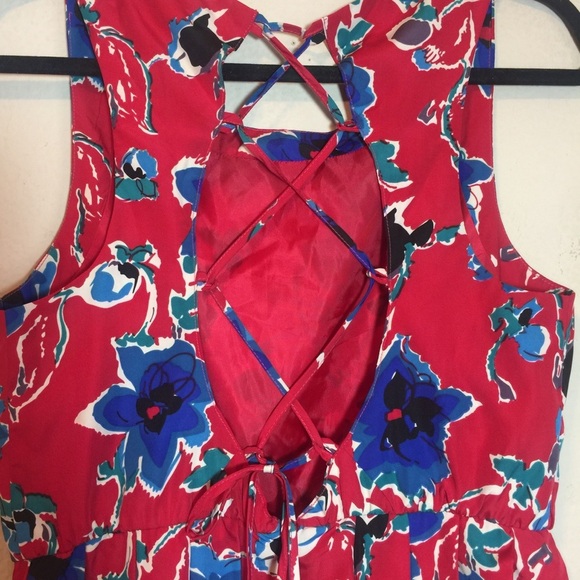 Anthropologie Red Floral Lace Up Back Pleate Dress - Picture 8 of 11